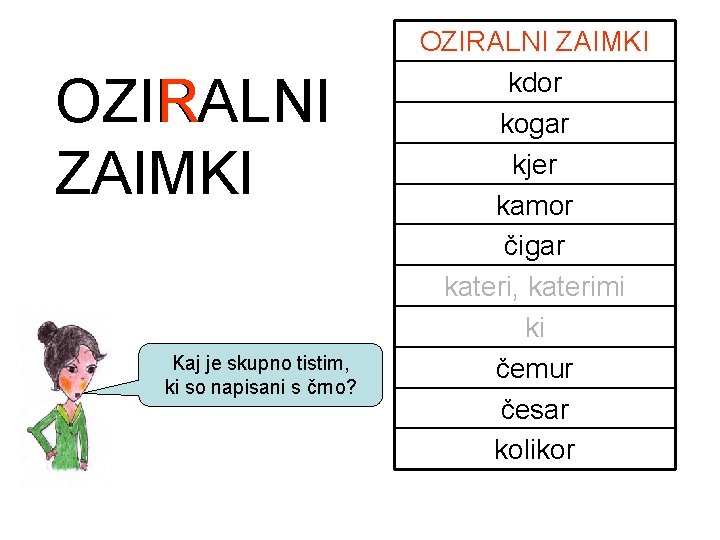 OZIRALNI R ZAIMKI Kaj je skupno tistim, ki so napisani s črno? OZIRALNI ZAIMKI OZIRALNI R ZAIMKI Kaj je skupno tistim, ki so napisani s črno? OZIRALNI ZAIMKI
