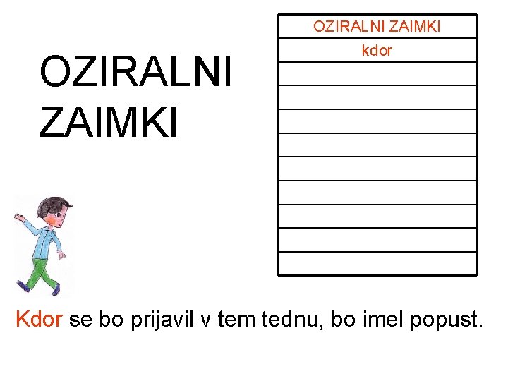 OZIRALNI ZAIMKI kdor Kdor se bo prijavil v tem tednu, bo imel popust. OZIRALNI ZAIMKI kdor Kdor se bo prijavil v tem tednu, bo imel popust.