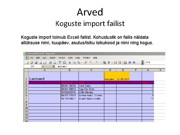 Arved Koguste import failist Koguste import toimub Exceli failist. Kohustuslik on failis näidata allüksuse Arved Koguste import failist Koguste import toimub Exceli failist. Kohustuslik on failis näidata allüksuse