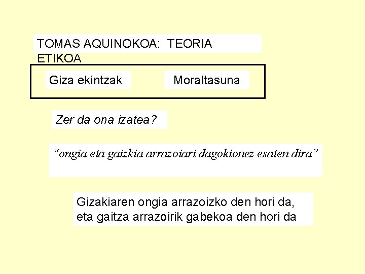 TOMAS AQUINOKOA: TEORIA ETIKOA Giza ekintzak Moraltasuna Zer da ona izatea? “ongia eta gaizkia