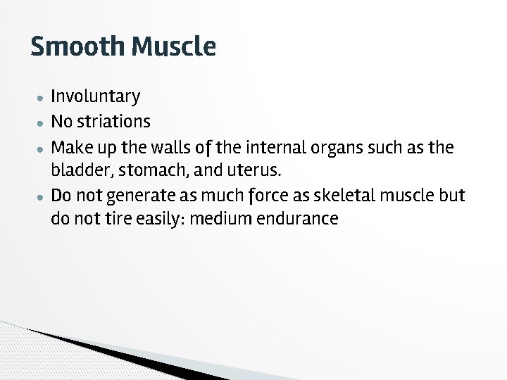 Smooth Muscle ● ● Involuntary No striations Make up the walls of the internal