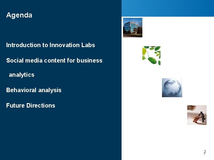 Agenda Introduction to Innovation Labs Social media content for business analytics Behavioral analysis Future Agenda Introduction to Innovation Labs Social media content for business analytics Behavioral analysis Future