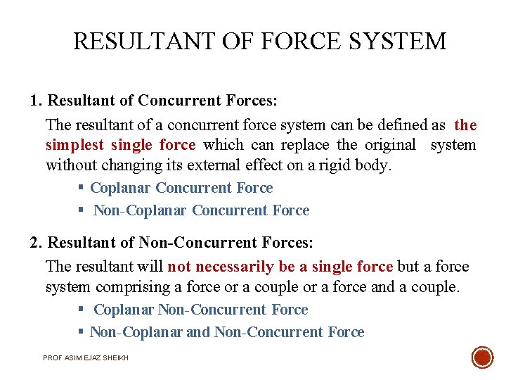 RESULTANT OF FORCE SYSTEM 1. Resultant of Concurrent Forces: The resultant of a concurrent