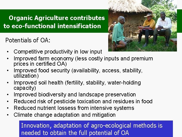 Organic Agriculture contributes to eco-functional intensification Potentials of OA: • Competitive productivity in low