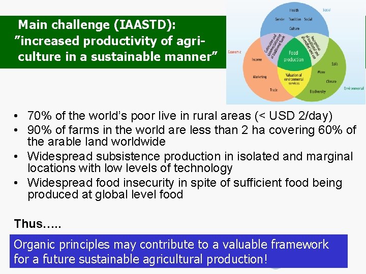Main challenge (IAASTD): ”increased productivity of agriculture in a sustainable manner” • 70% of
