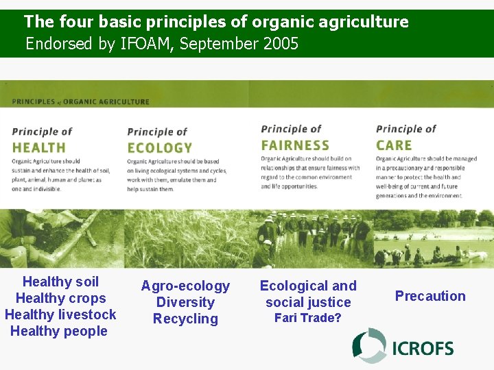 The four basic principles of organic agriculture Endorsed by IFOAM, September 2005 Healthy soil