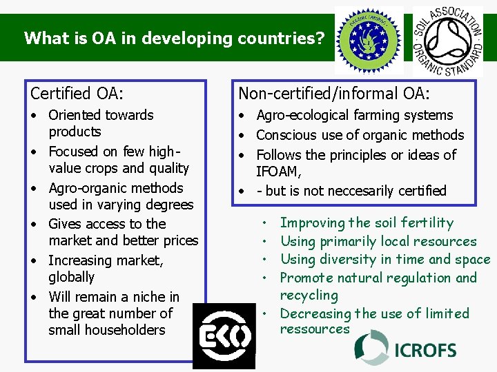 What is OA in developing countries? Certified OA: Non-certified/informal OA: • Oriented towards products