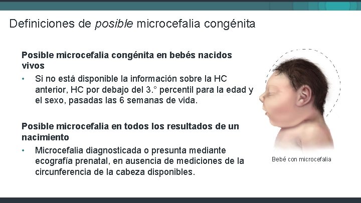 Definiciones de posible microcefalia congénita Posible microcefalia congénita en bebés nacidos vivos • Si