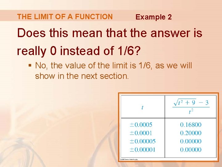 THE LIMIT OF A FUNCTION Example 2 Does this mean that the answer is