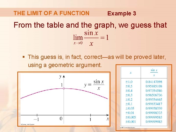 THE LIMIT OF A FUNCTION Example 3 From the table and the graph, we