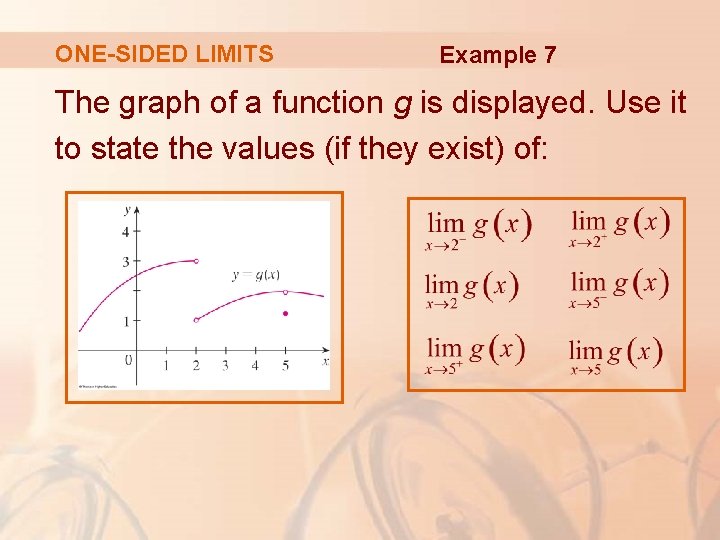 ONE-SIDED LIMITS Example 7 The graph of a function g is displayed. Use it