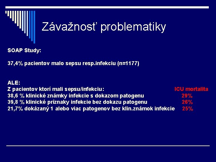 Závažnosť problematiky SOAP Study: 37, 4% pacientov malo sepsu resp. infekciu (n=1177) ALE: Z