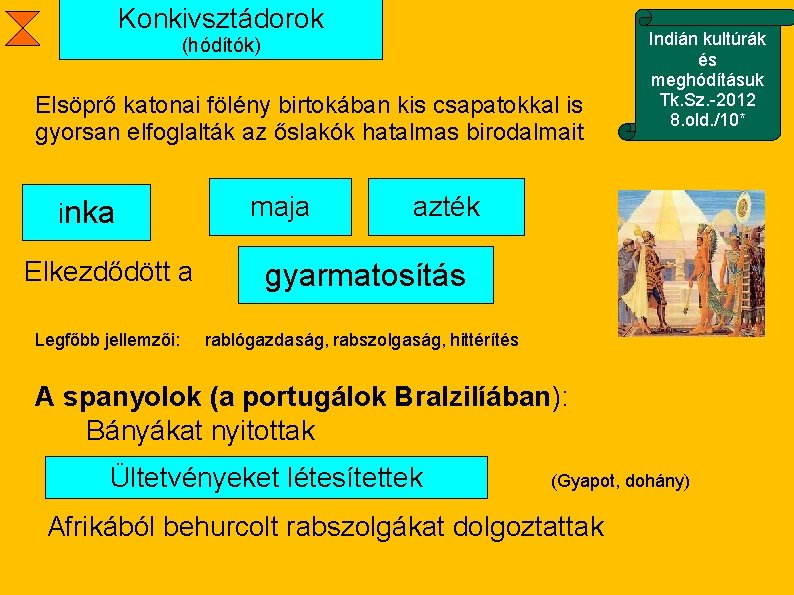 Konkivsztádorok (hódítók) Elsöprő katonai fölény birtokában kis csapatokkal is gyorsan elfoglalták az őslakók hatalmas