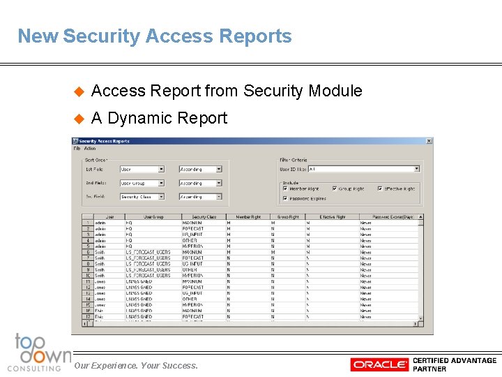 New Security Access Reports u Access Report from Security Module u A Dynamic Report