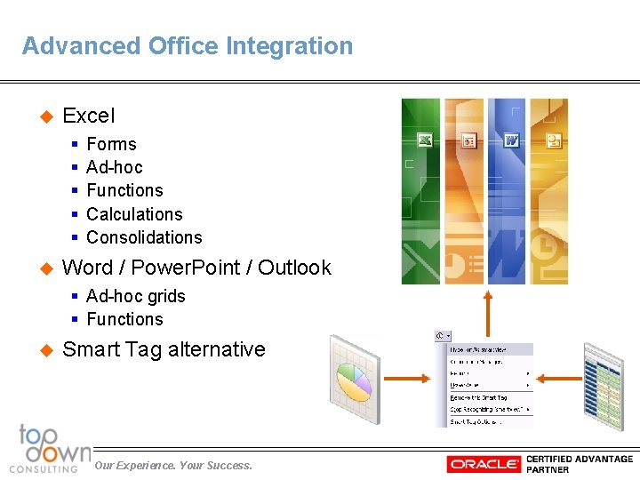 Advanced Office Integration u Excel § § § u Forms Ad-hoc Functions Calculations Consolidations