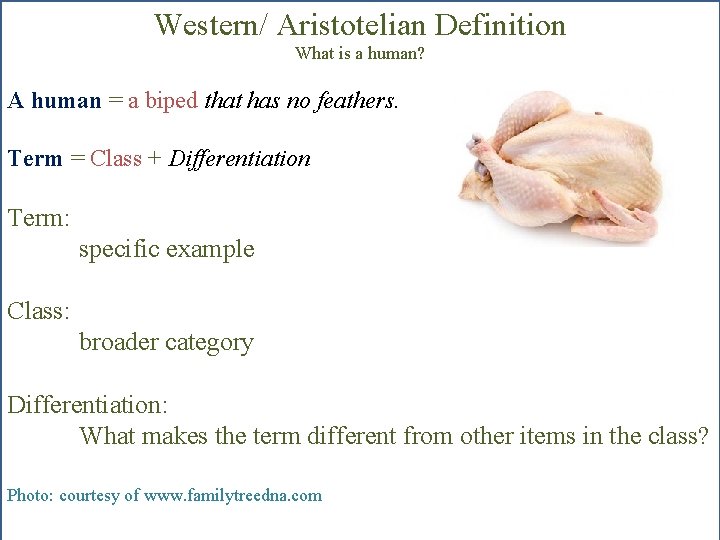 Western/ Aristotelian Definition What is a human? A human = a biped that has