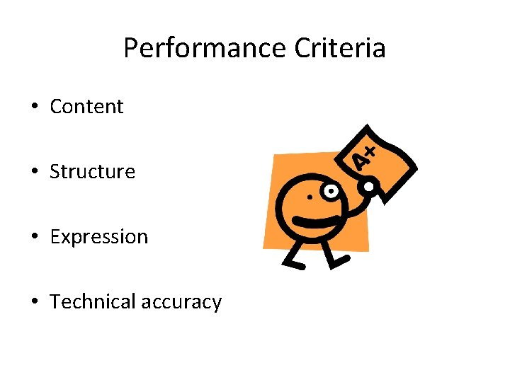 Performance Criteria • Content • Structure • Expression • Technical accuracy Performance Criteria • Content • Structure • Expression • Technical accuracy