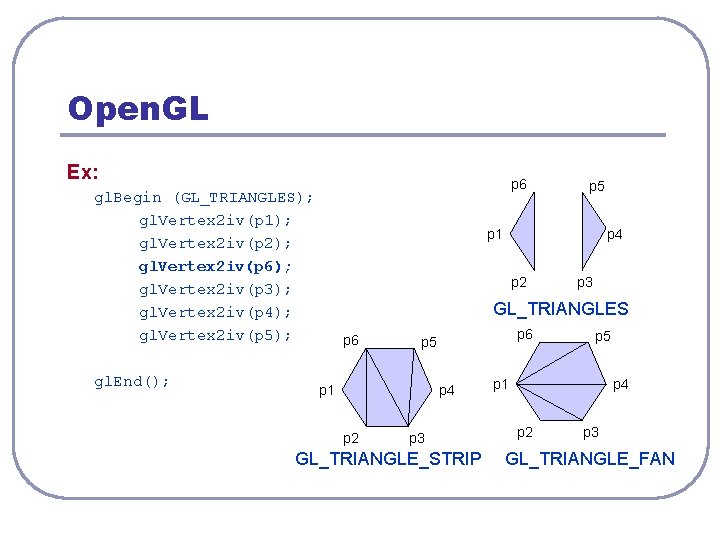 Open. GL Ex: p 6 gl. Begin (GL_TRIANGLES); gl. Vertex 2 iv(p 1); gl.