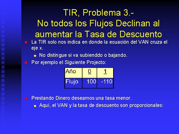 TIR, Problema 3. No todos los Flujos Declinan al aumentar la Tasa de Descuento