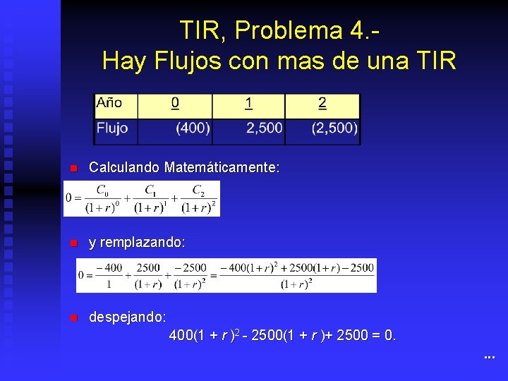 TIR, Problema 4. Hay Flujos con mas de una TIR n Calculando Matemáticamente: n