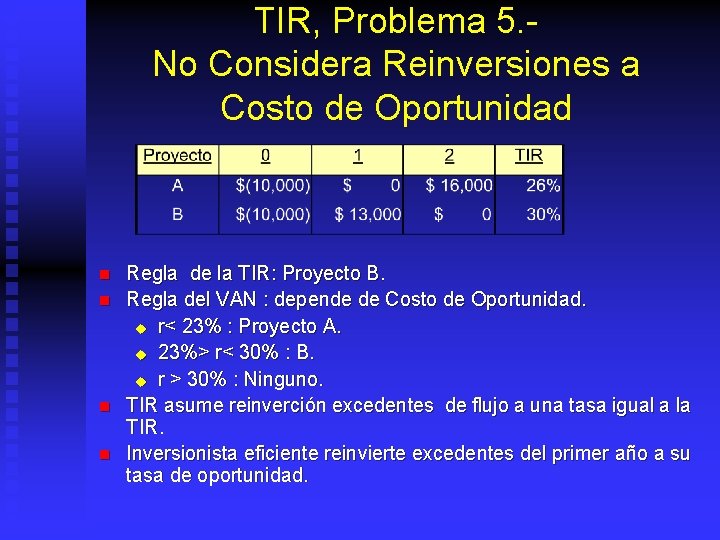 TIR, Problema 5. No Considera Reinversiones a Costo de Oportunidad n n Regla de