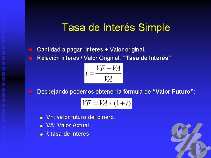 Tasa de Interés Simple n Cantidad a pagar: Interes + Valor original. Relación interes