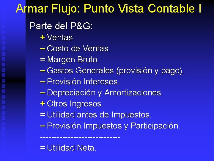 Armar Flujo: Punto Vista Contable I Parte del P&G: + Ventas – Costo de