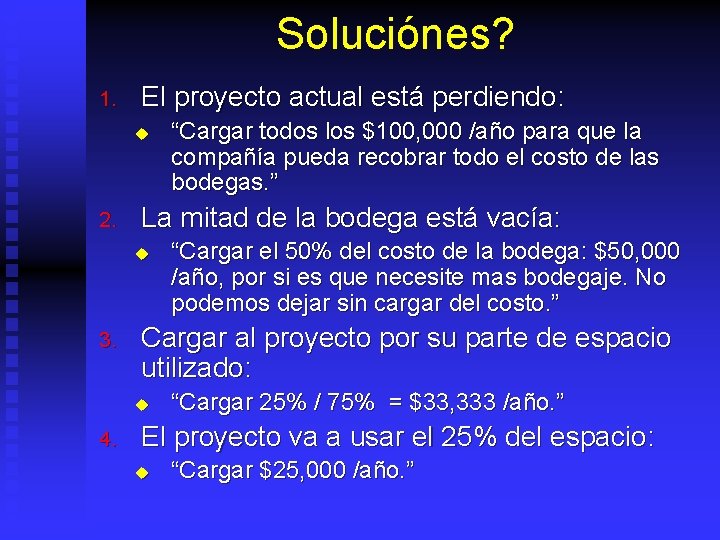 Soluciónes? 1. El proyecto actual está perdiendo: u 2. La mitad de la bodega