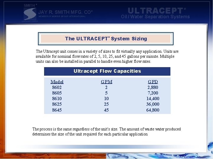 SMITH ® ULTRACEPT JAY R. SMITH MFG. CO® Oil / Water Separation Systems MEMBER