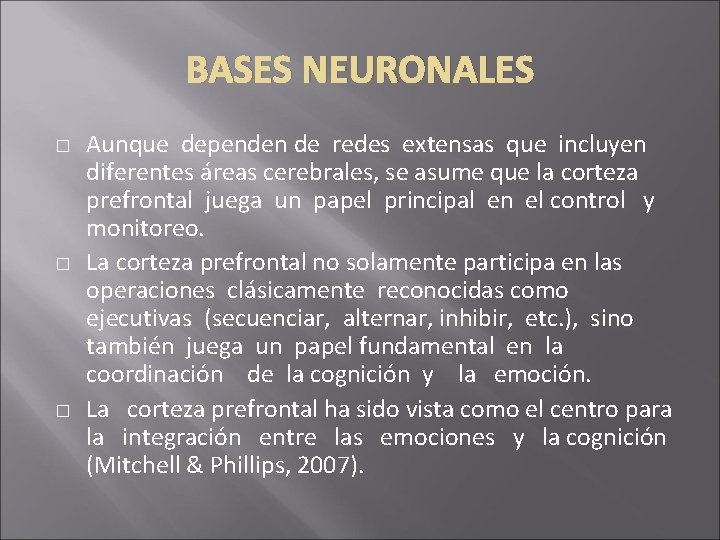 BASES NEURONALES � � � Aunque dependen de redes extensas que incluyen diferentes áreas BASES NEURONALES � � � Aunque dependen de redes extensas que incluyen diferentes áreas