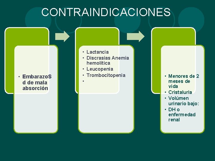 CONTRAINDICACIONES • Embarazo. S d de mala absorción • Lactancia • Discrasias Anemia hemolítica CONTRAINDICACIONES • Embarazo. S d de mala absorción • Lactancia • Discrasias Anemia hemolítica