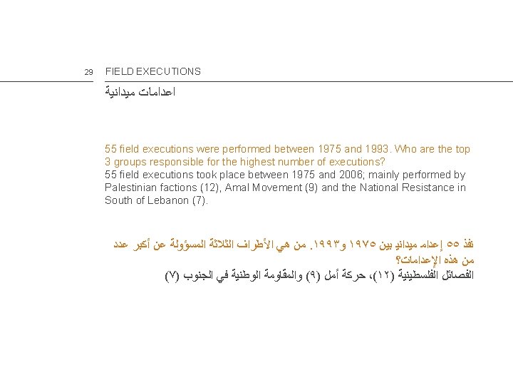 29 FIELD EXECUTIONS ﻣﻴﺪﺍﻧﻴﺔ ﺍﻋﺪﺍﻣﺎﺕ 55 field executions were performed between 1975 and 1993.