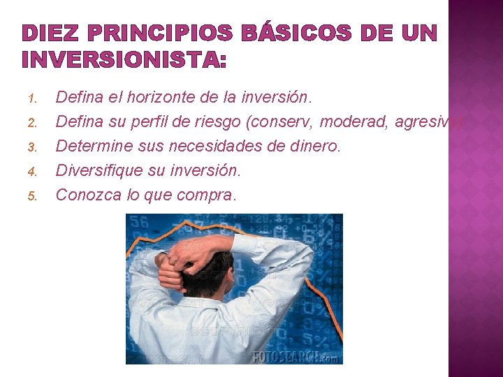 DIEZ PRINCIPIOS BÁSICOS DE UN INVERSIONISTA: 1. 2. 3. 4. 5. Defina el horizonte DIEZ PRINCIPIOS BÁSICOS DE UN INVERSIONISTA: 1. 2. 3. 4. 5. Defina el horizonte
