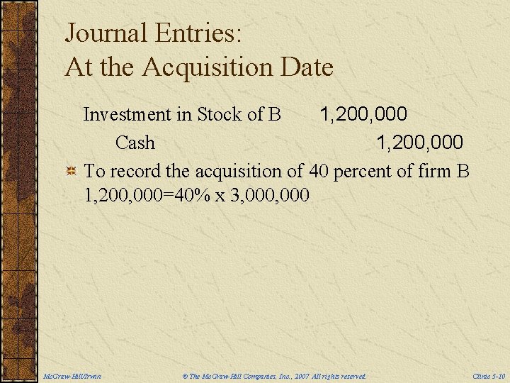 Journal Entries: At the Acquisition Date Investment in Stock of B 1, 200, 000