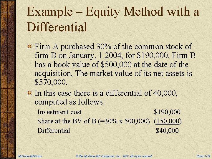 Example – Equity Method with a Differential Firm A purchased 30% of the common