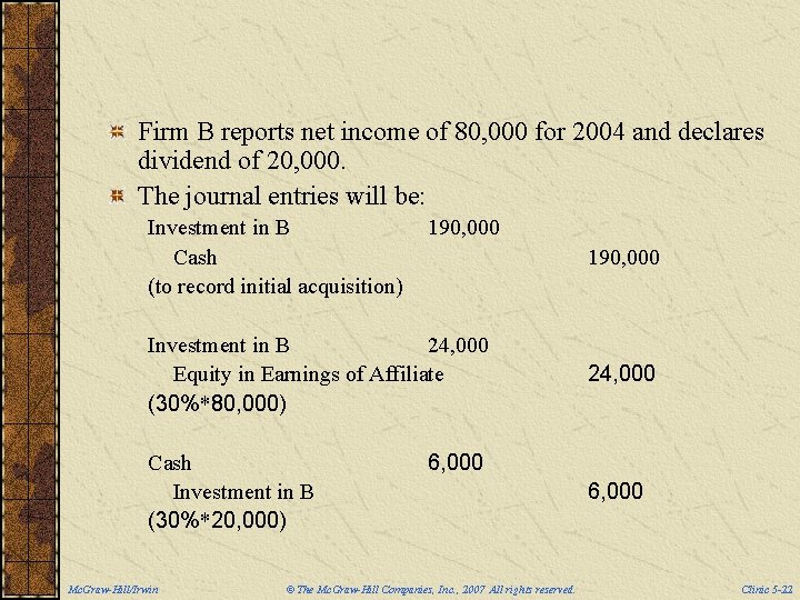 Firm B reports net income of 80, 000 for 2004 and declares dividend of