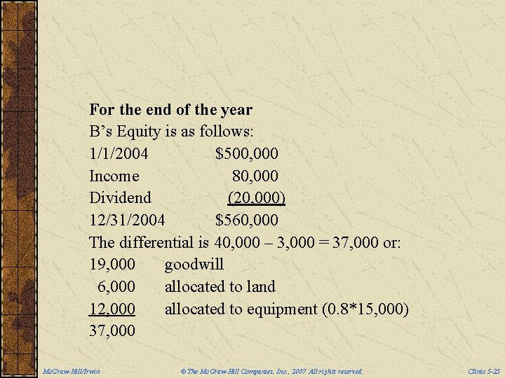 For the end of the year B’s Equity is as follows: 1/1/2004 $500, 000