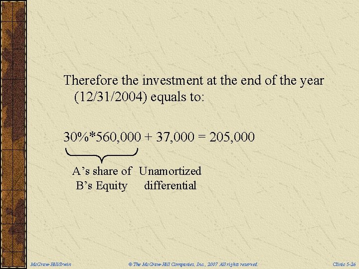Therefore the investment at the end of the year (12/31/2004) equals to: 30%*560, 000