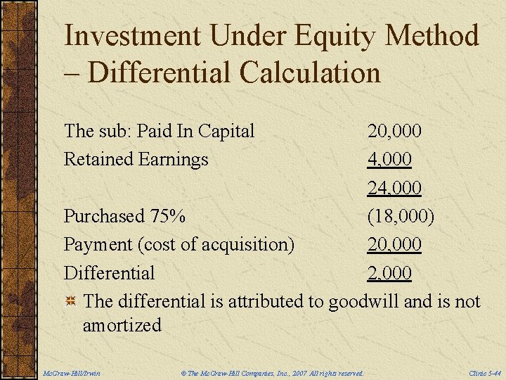 Investment Under Equity Method – Differential Calculation The sub: Paid In Capital Retained Earnings