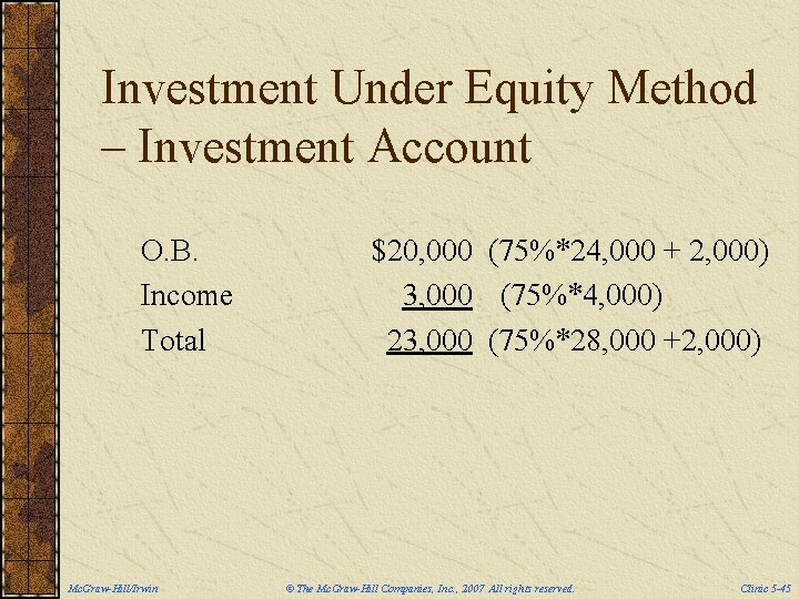 Investment Under Equity Method – Investment Account O. B. Income Total Mc. Graw-Hill/Irwin $20,