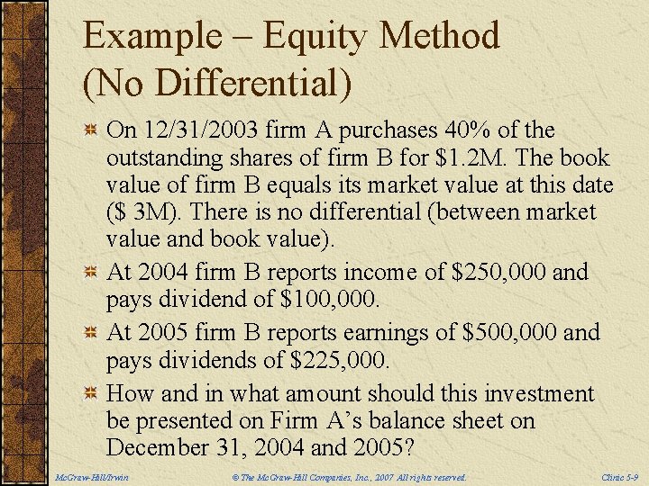 Example – Equity Method (No Differential) On 12/31/2003 firm A purchases 40% of the