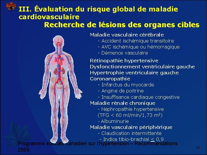 III. Évaluation du risque global de maladie cardiovasculaire Recherche de lésions des organes cibles