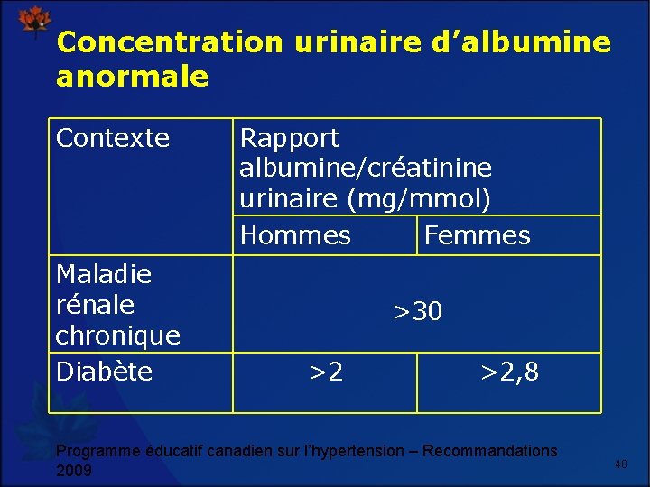 Concentration urinaire d’albumine anormale Contexte Maladie rénale chronique Diabète Rapport albumine/créatinine urinaire (mg/mmol) Hommes