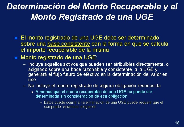Determinación del Monto Recuperable y el Monto Registrado de una UGE n n El