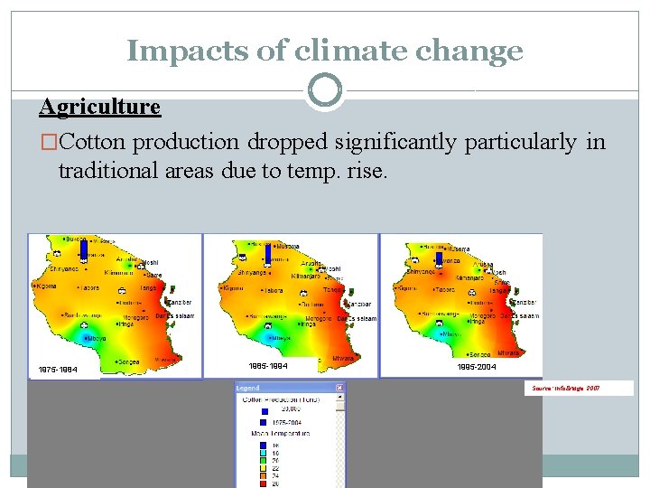 Impacts of climate change Agriculture �Cotton production dropped significantly particularly in traditional areas due