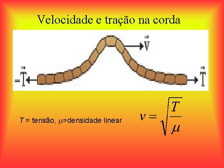 Velocidade e tração na corda T = tensão, =densidade linear 
