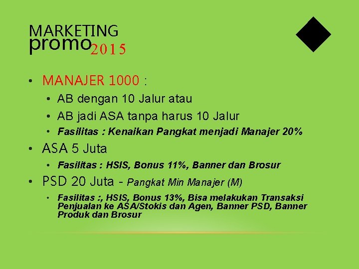 MARKETING promo 2015 • MANAJER 1000 : • AB dengan 10 Jalur atau • MARKETING promo 2015 • MANAJER 1000 : • AB dengan 10 Jalur atau •