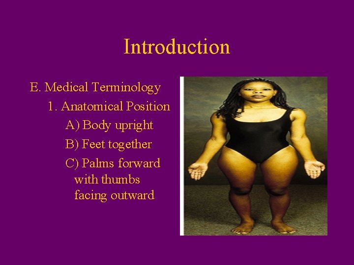 Introduction E. Medical Terminology 1. Anatomical Position A) Body upright B) Feet together C)