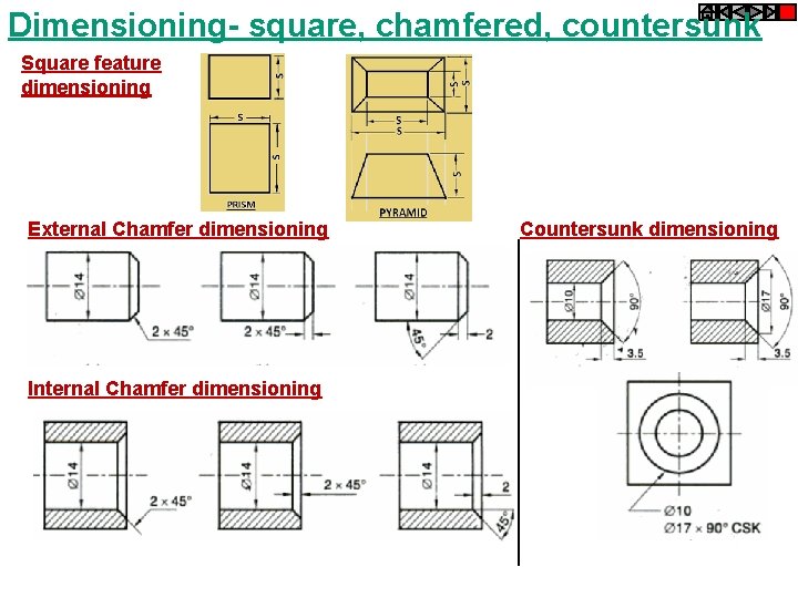 Dimensioning- square, chamfered, countersunk Square feature dimensioning External Chamfer dimensioning Internal Chamfer dimensioning Countersunk