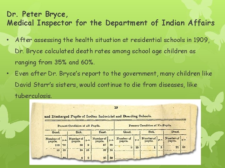 Dr. Peter Bryce, Medical Inspector for the Department of Indian Affairs • After assessing